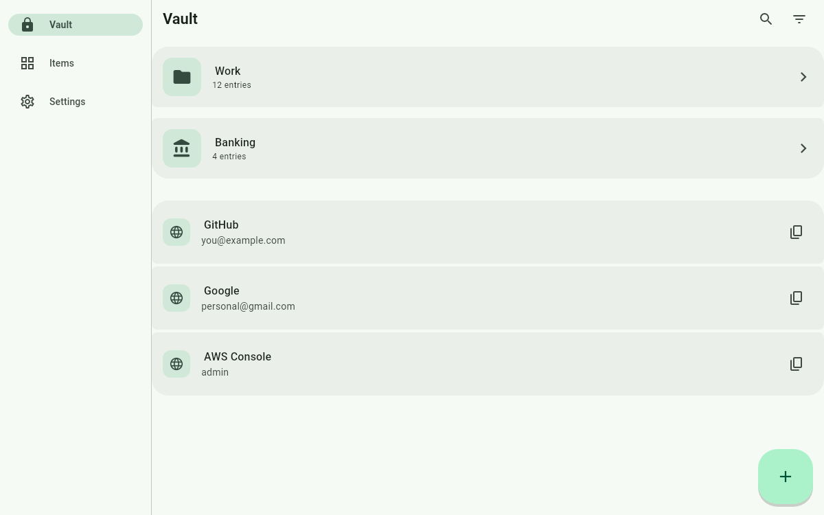 OpenKey on desktop — navigation rail and vault list