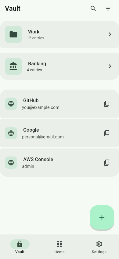 OpenKey vault on mobile — collections and logins